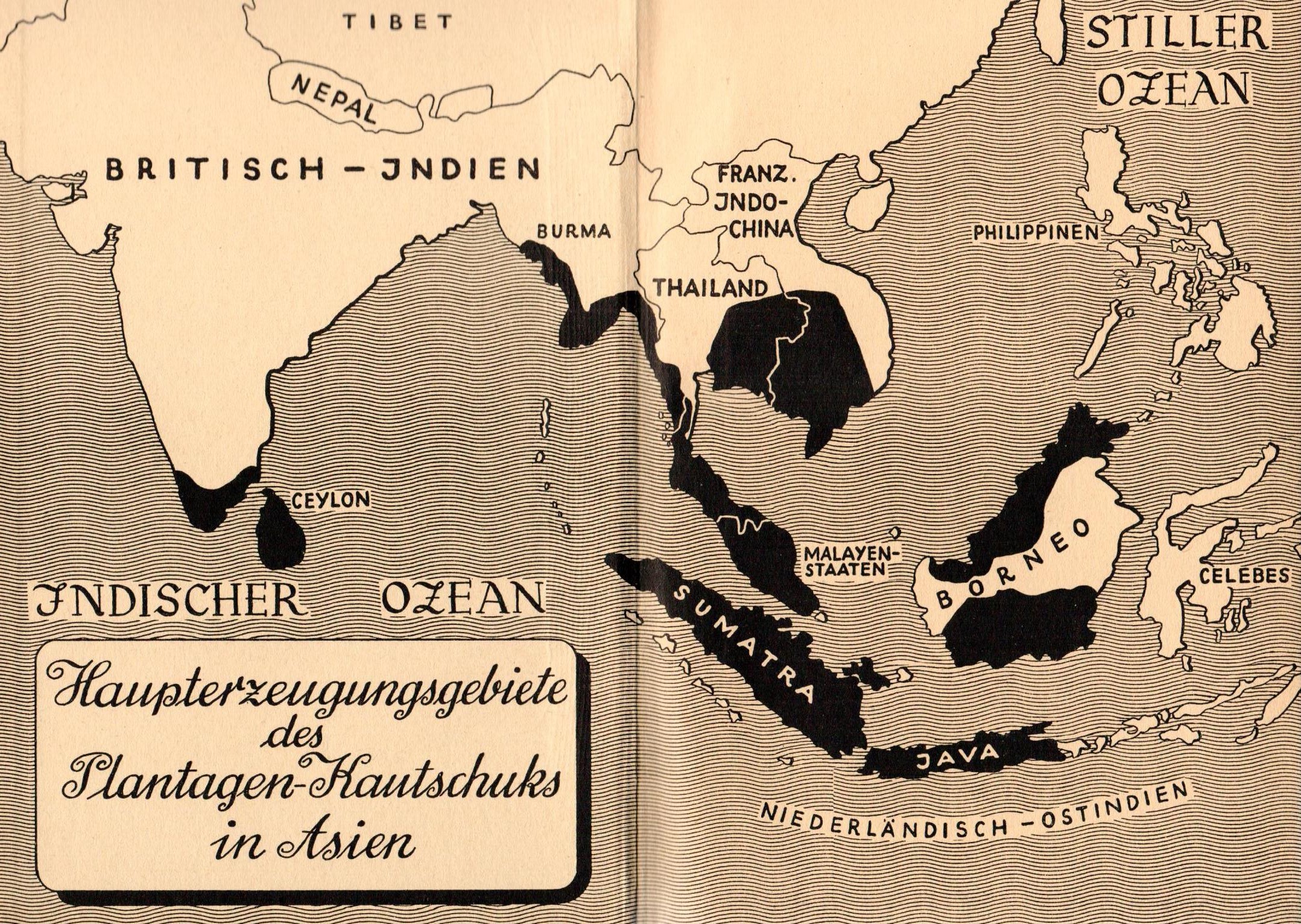 Map drawn in 1942 of places where rubber was planted in South and Southeast Asia. Img from K Online.