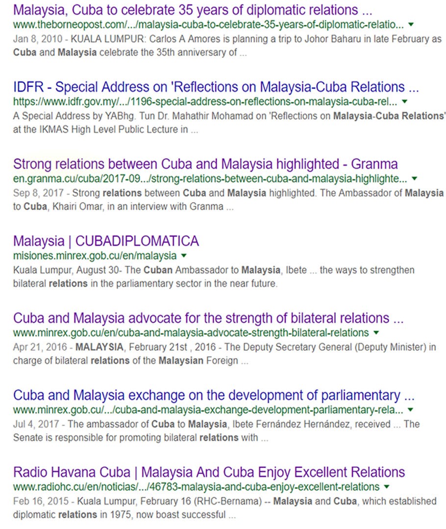 The usage of words like excellent and strong when describing the Malaysia-Cuba relation. Screengrab from Google search results