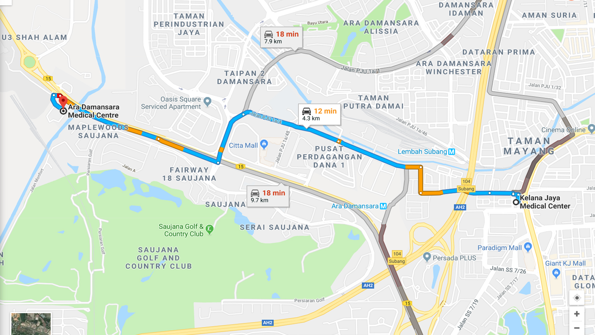 ... and the nearest hospital near Kelana Jaya Medical Centre is like 4km away. Screengrab from Google Maps