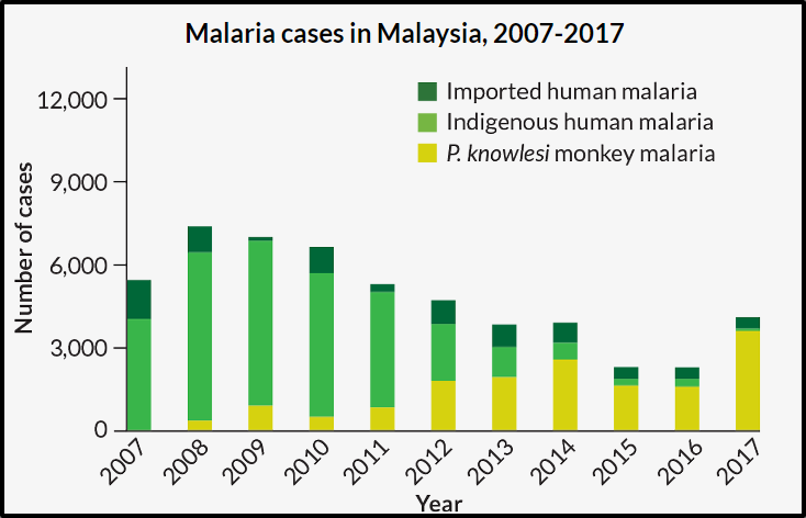 Despite lower malaria cases overall, monkey malaria cases continue to rise. Graph from Science News