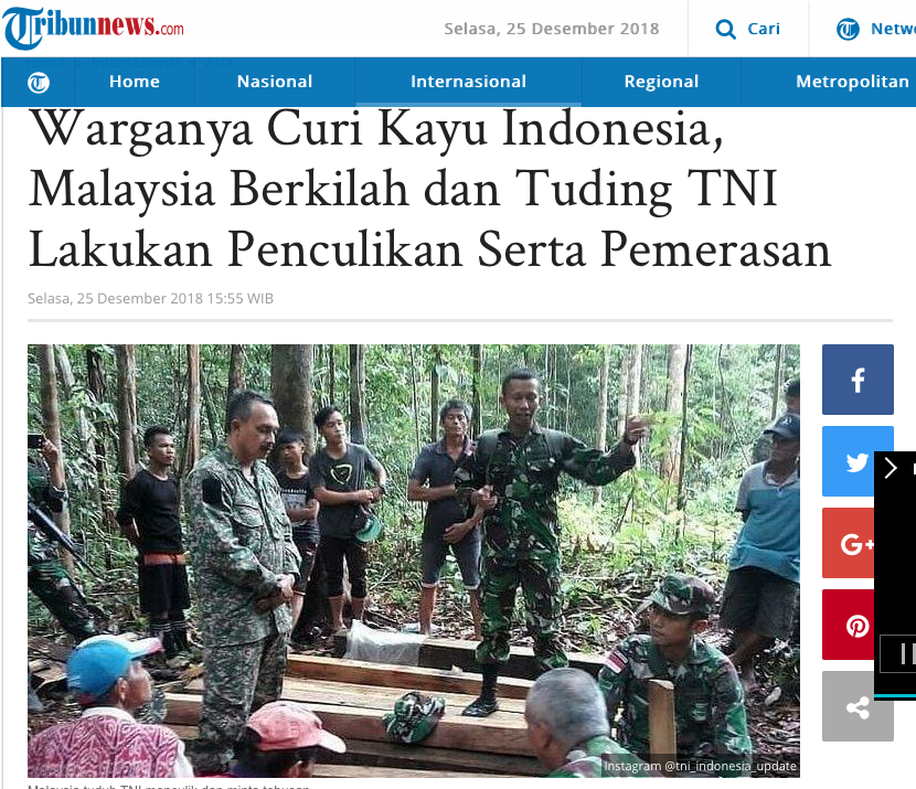 Translation: "Their people stole Indonesian wood, Malaysians argue and accuses TNI (Indonesian National Armed Forces) of kidnapping and issuing threats". Image from: Tribunnews.com