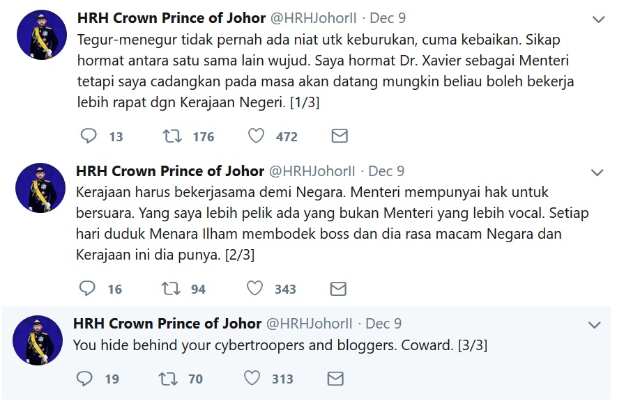 Dat spice. Screengrabbed from Crown Prince of Johor's official Twitter.