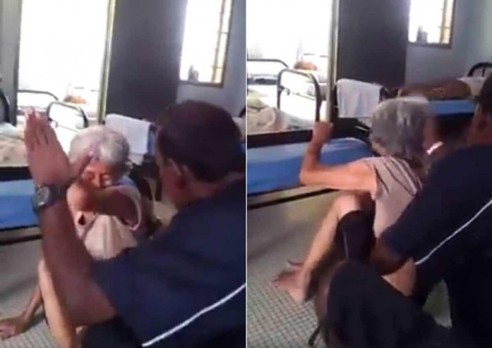 Screengrabs from a video that went viral in 2016, showing an old woman being abused at an old folks home in Malacca. Img from AsiaOne.