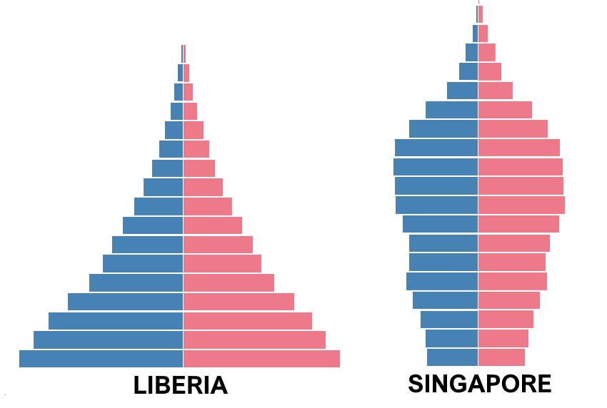 Here's the 2017 pyramids of Liberia and Singapore. Unedited graphs from PopulationPyramid.com