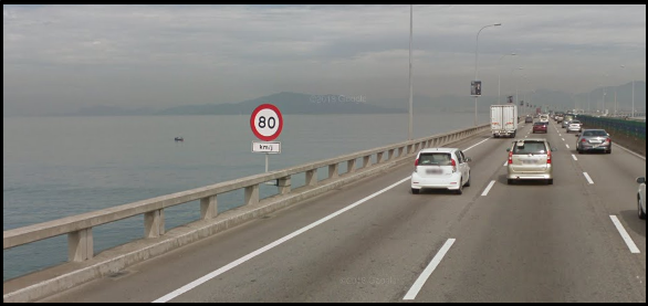 A speed limit sign at the Penang bridge. Screenshot from Google Maps