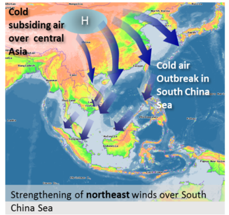 Cold air blowing from China to Malaysia. Image from Meteorological Service Singapore.