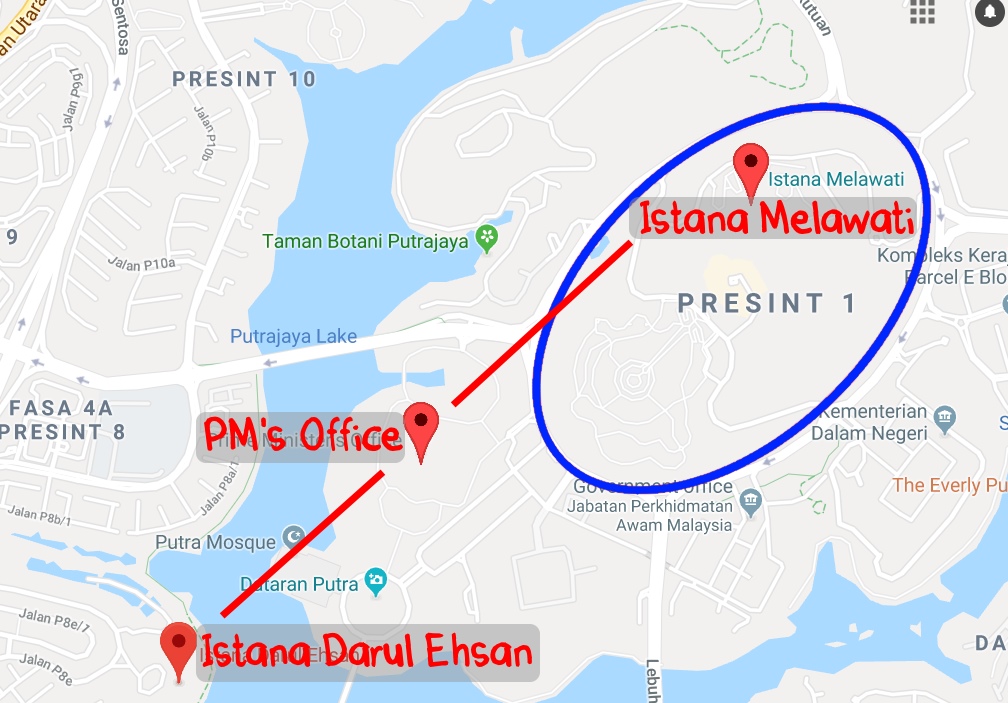 The two palaces, with the PM's office in the middle. Unedited Map of Putrajaya from Google Maps