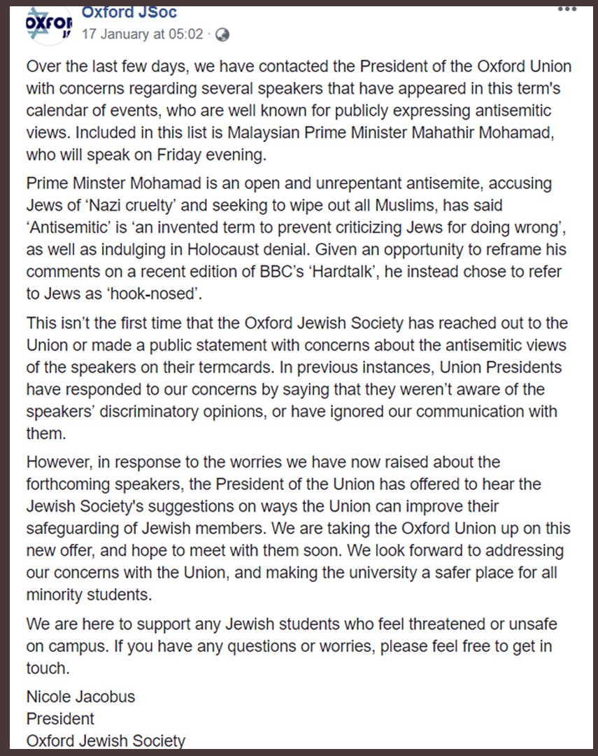 Screengrab from Oxford JSoc's Facebook page