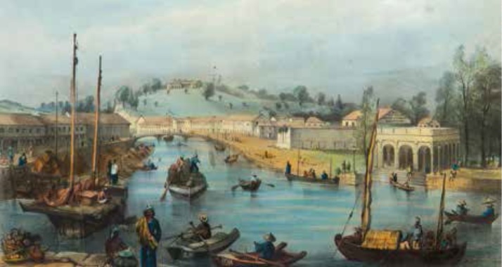 A lithograph showing the view as seen from South Boat Quay, circa 1850. Img from BiblioAsia.