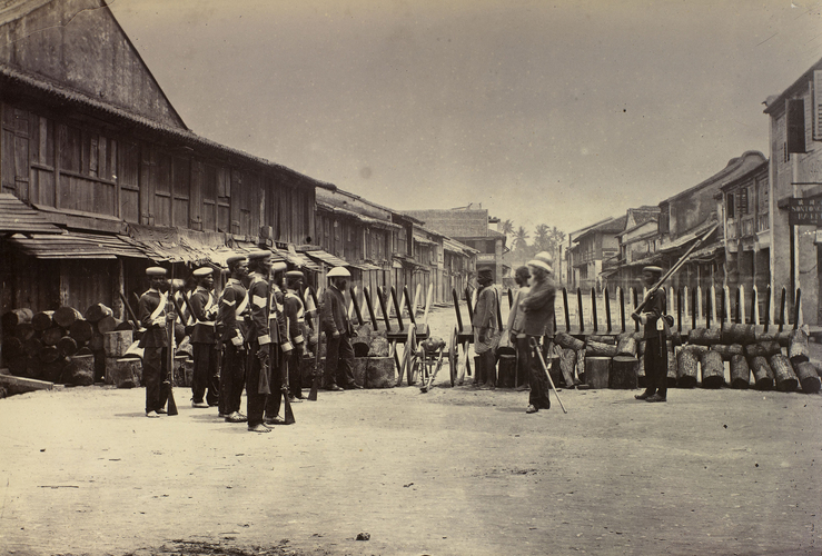Soldiers standing at the barricade during 1867 Penang Riots. Image from Royal Collection Trust, Kristen Feilberg. 