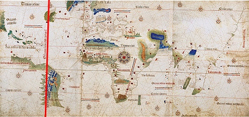 The Pope literally drew a line, gave everything to the West to Spain and East to Portugal. Unedited image from Guampedia