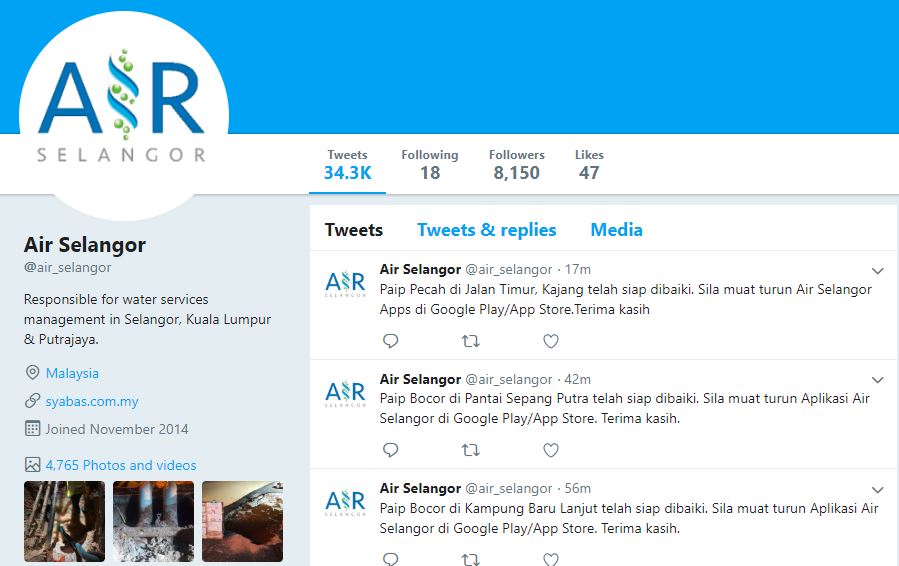 Screenshot of Air Selangor's Twitter.