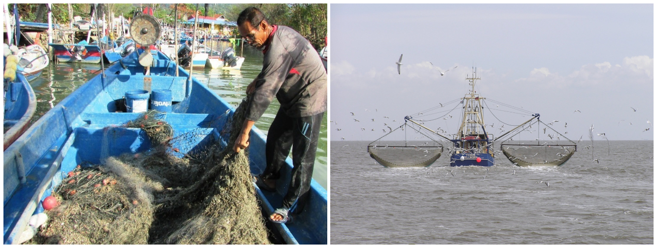 (L-R) Coastal fishermen and the boat for deep sea fishing. Images from Harakah Daily and Wikipedia