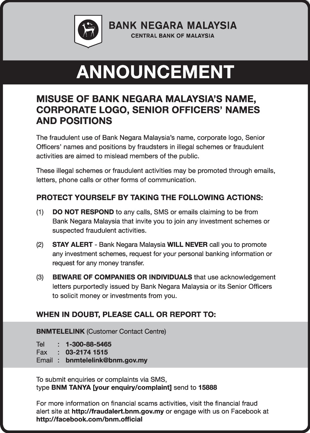 Bank Negara's notice about frauds and scams. Image from Bank Negara Malaysia