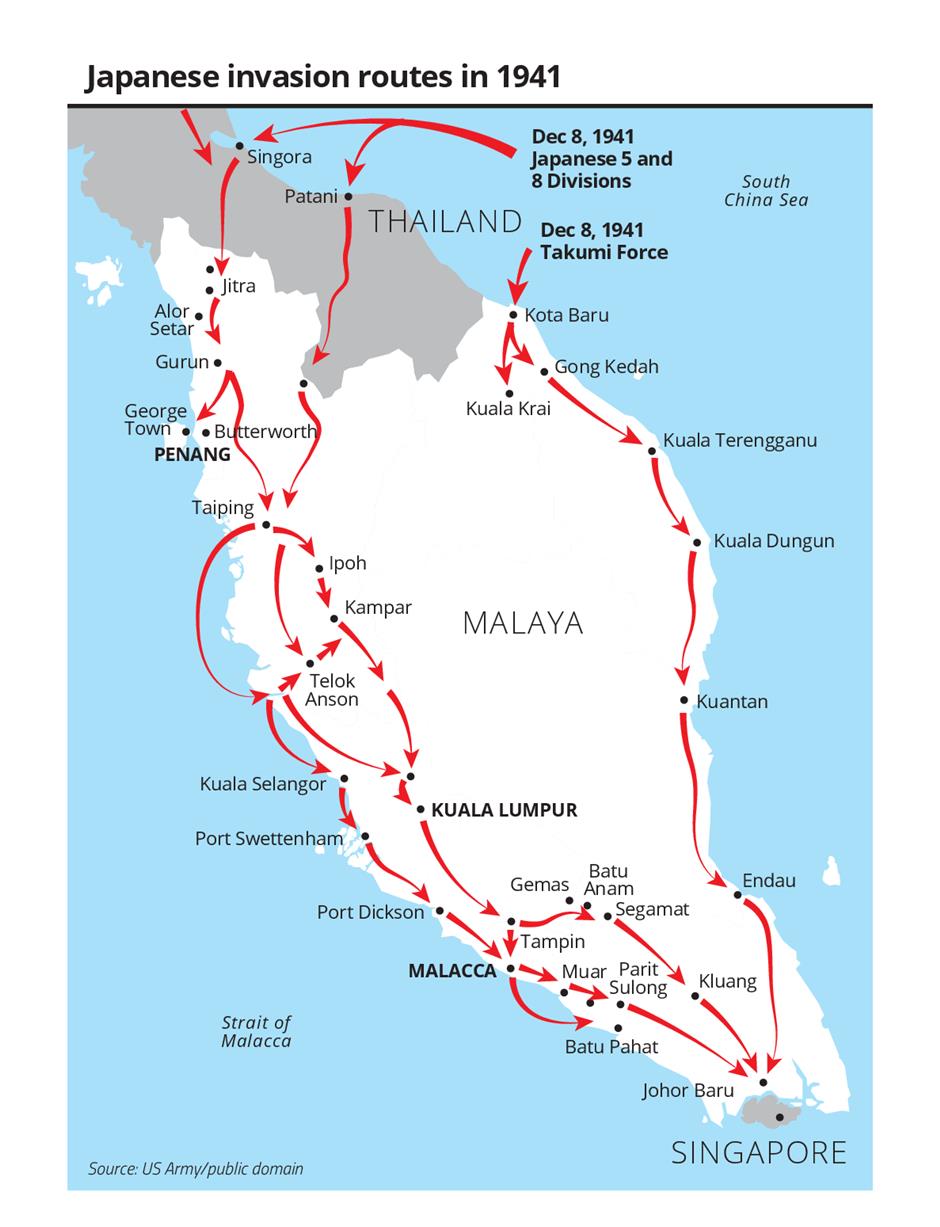 These were the routes that were taken by the Japanese when they invaded Malaya. Image from Star2