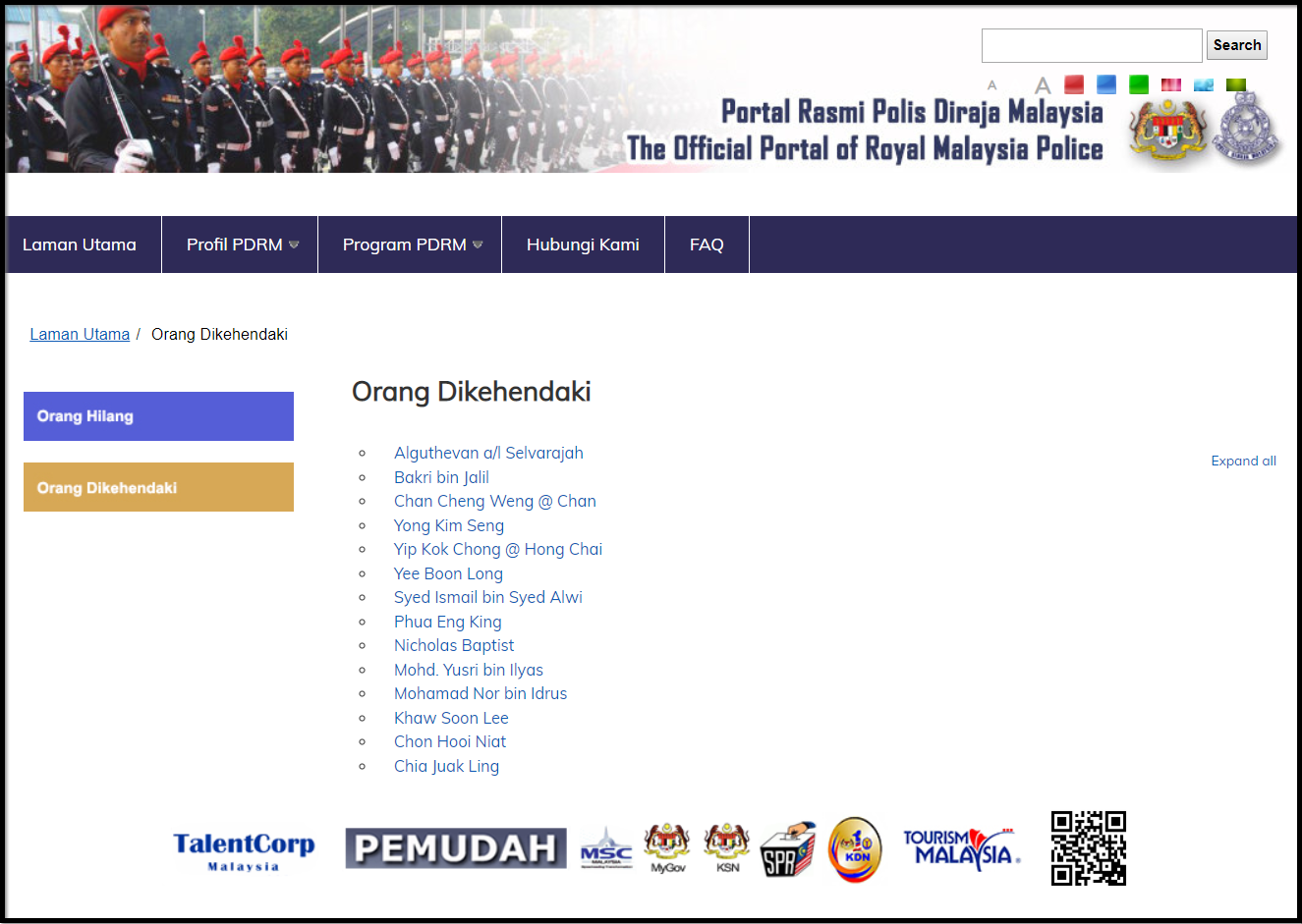 Jho Low's name is not even in the list! Screengrab from PDRM's website