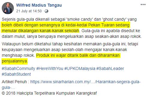 Wilfred Madius Tangau fb post abt smoke candy