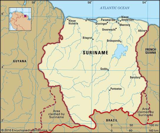 Suriname is considered as part of the Caribbean, bordering Brazil. Img from EncyclopediaBritannica.