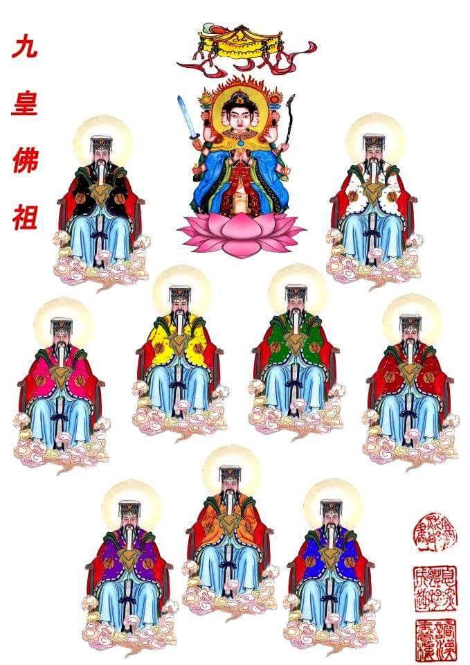 Dou Mou, the Goddess of the North Star (topmost), and her nine sons, the Nine Emperor Gods from which this festival gets its name. Image: 