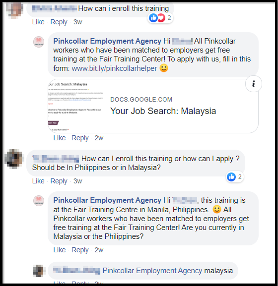 Some comments inquiring about training to be workers under Pinkcollar. Screenshot from Pinkcollar's Facebook page.
