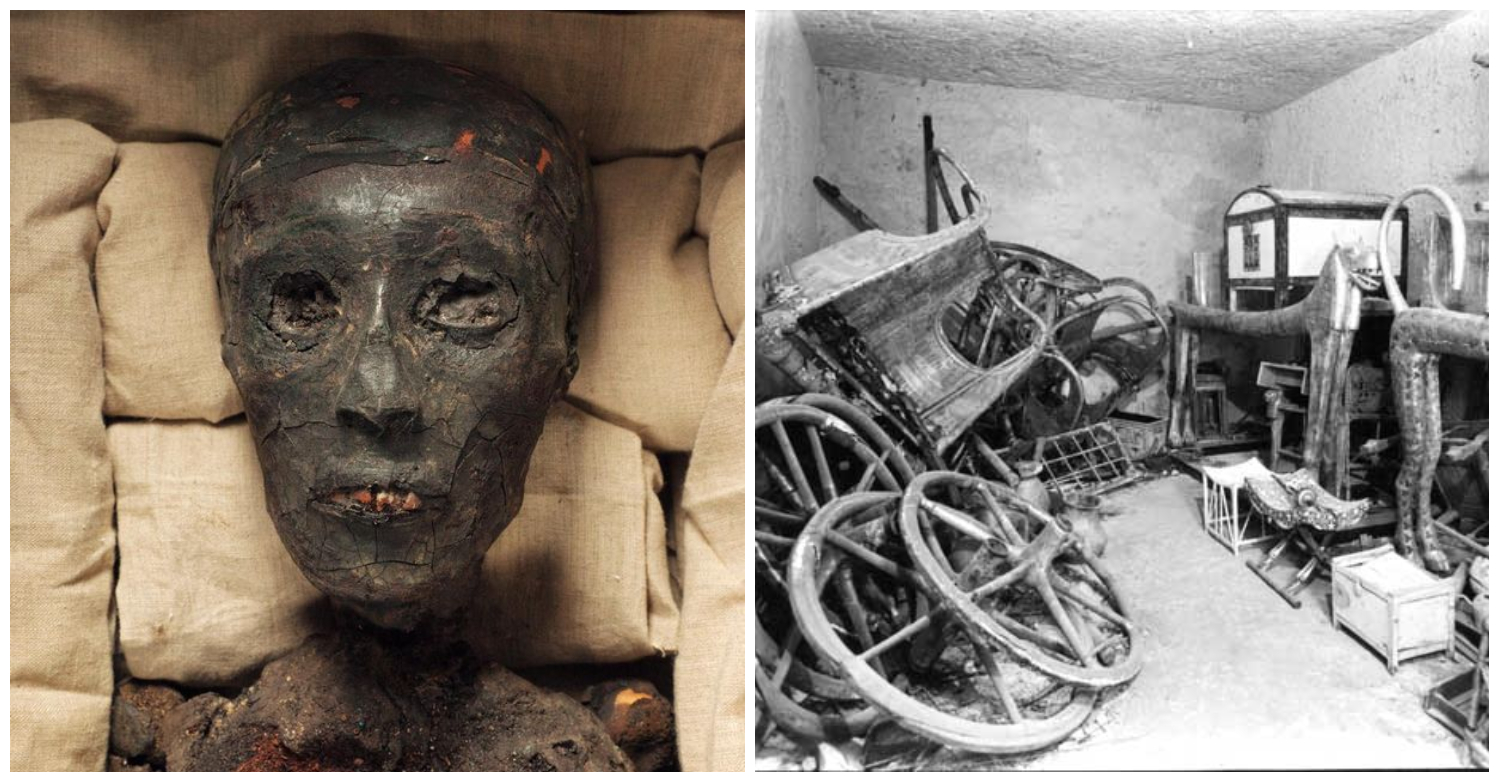 King Tut (left) and his artifacts (right). Images from The Mirror and mahalo.care