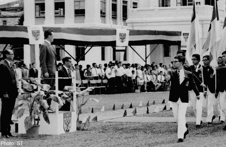 Lee Kuan Yew (on the stage) at Raffles Institution. Img from Asia One