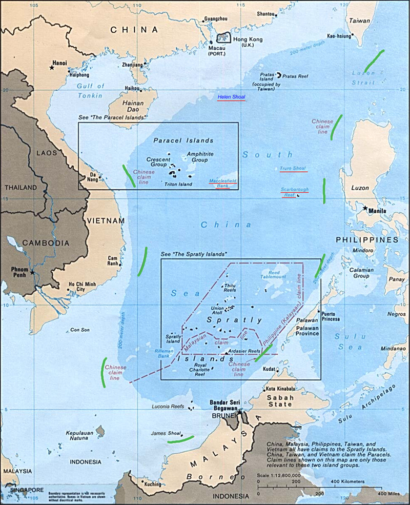 China's nine-dash line, highlighted in green. Image from: CIA