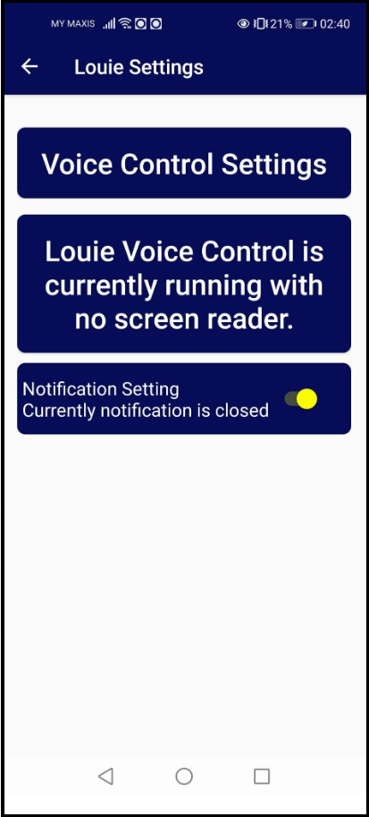 Louie's setting page where you can turn on the screen reader.