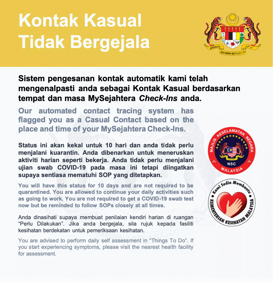 Kena ‘Casual Contact’ warning on MySejahtera? Our office found out what - Mysejahtera Casual Contact What To Do