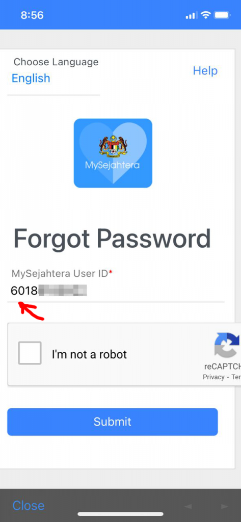 Reset mysejahtera password