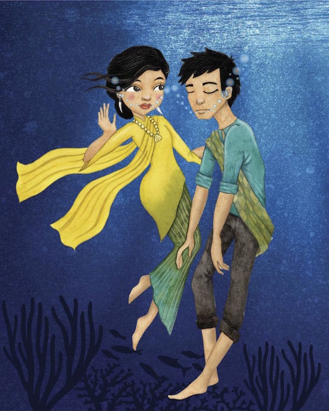 An illustration of a Malaysian princess and prince underwater