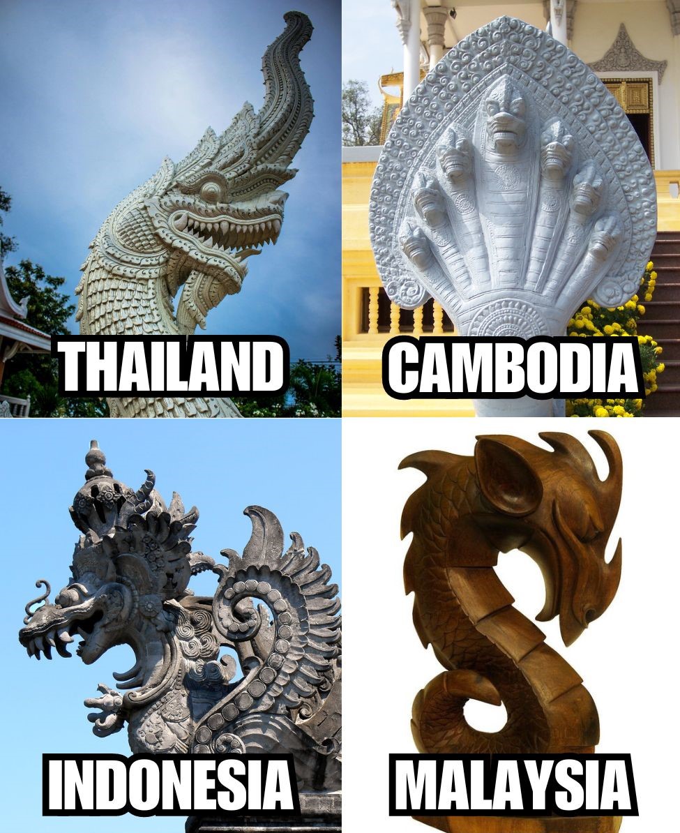 Statues of a Thai dragon, Cambodian dragon, Indonesian dragon, and wood carving of a Mah Meri dragon