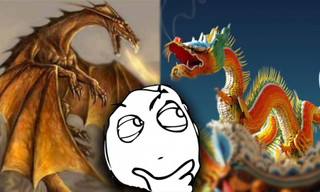 Image of a Western dragon, Eastern dragon and a confused rage meme face