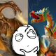 Image of a Western dragon, Eastern dragon and a confused rage meme face