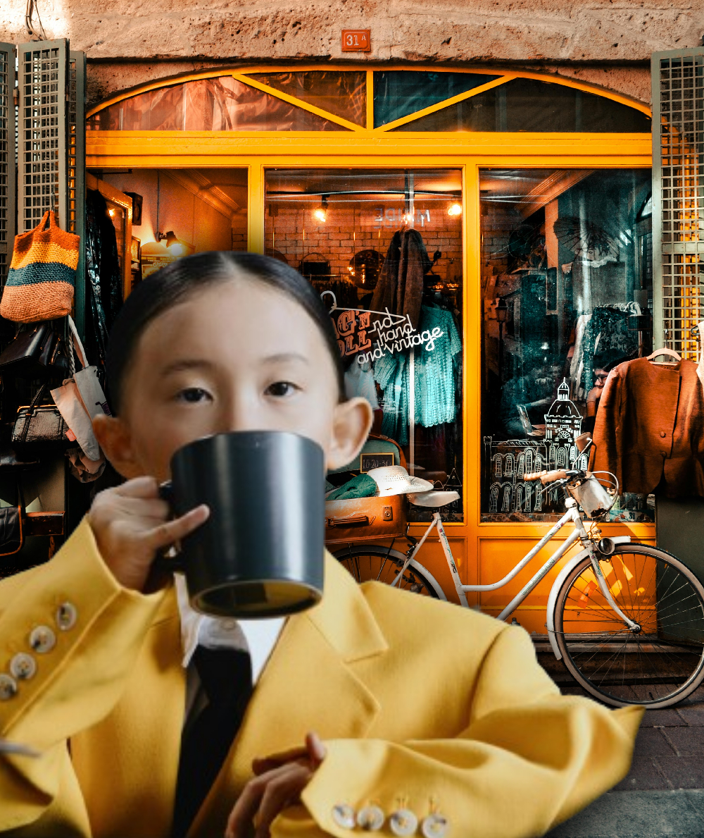 Child in a suit in front of a clothing store