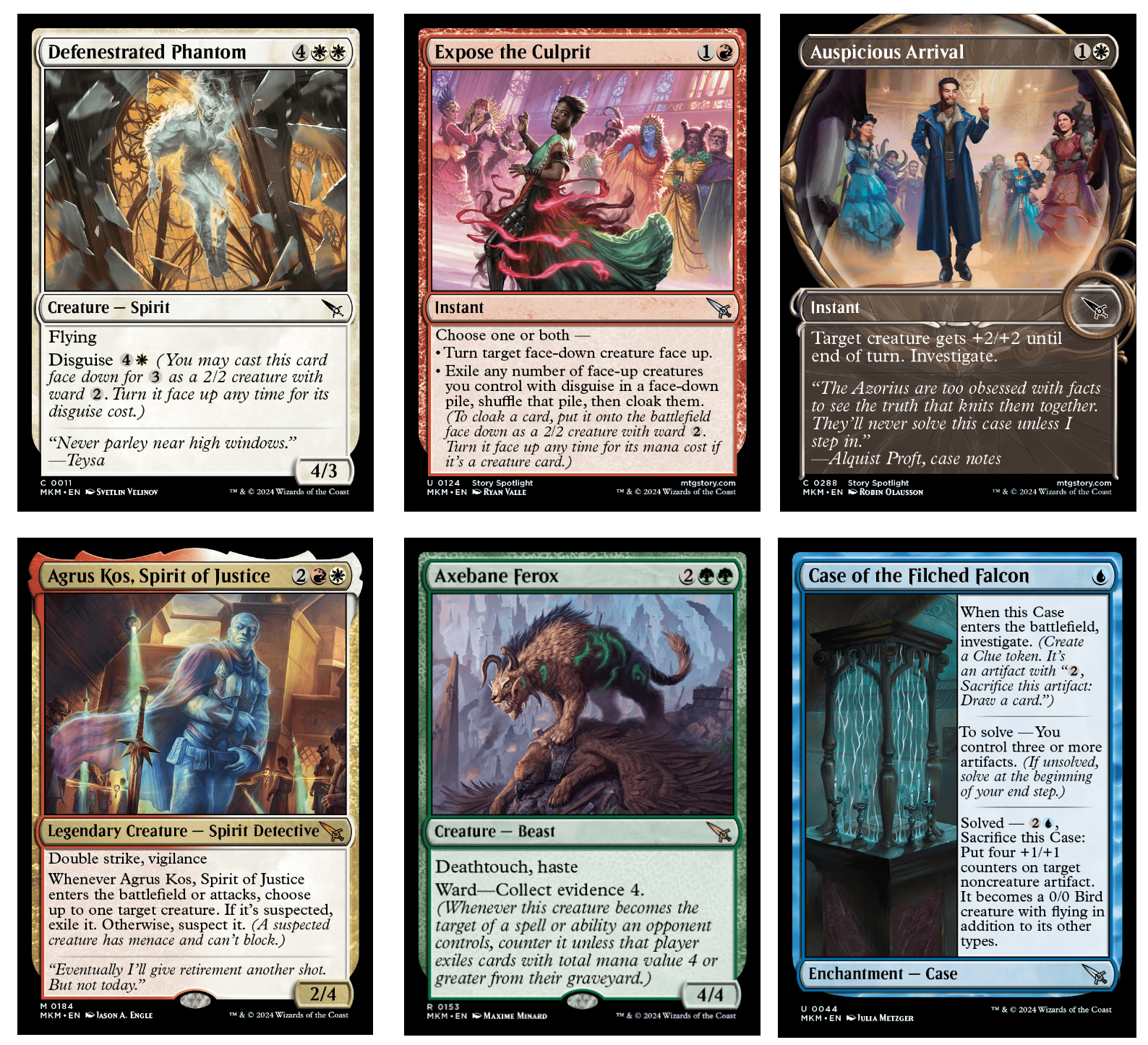 A lineup of cards from Magic: The Gathering Murders at Karlov Manor
