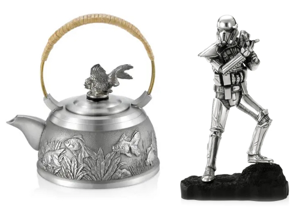 A teapot and a star wars trooper figurine crafted in pewter.