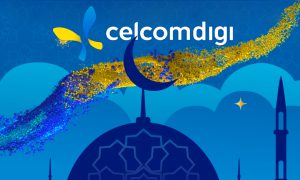 CelcomDigi's promotional illustration of a blue mosque surrounded by gold dust.