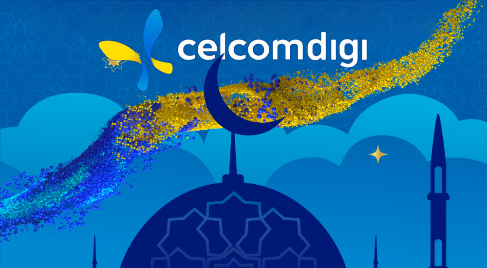 CelcomDigi's promotional illustration of a blue mosque surrounded by gold dust.