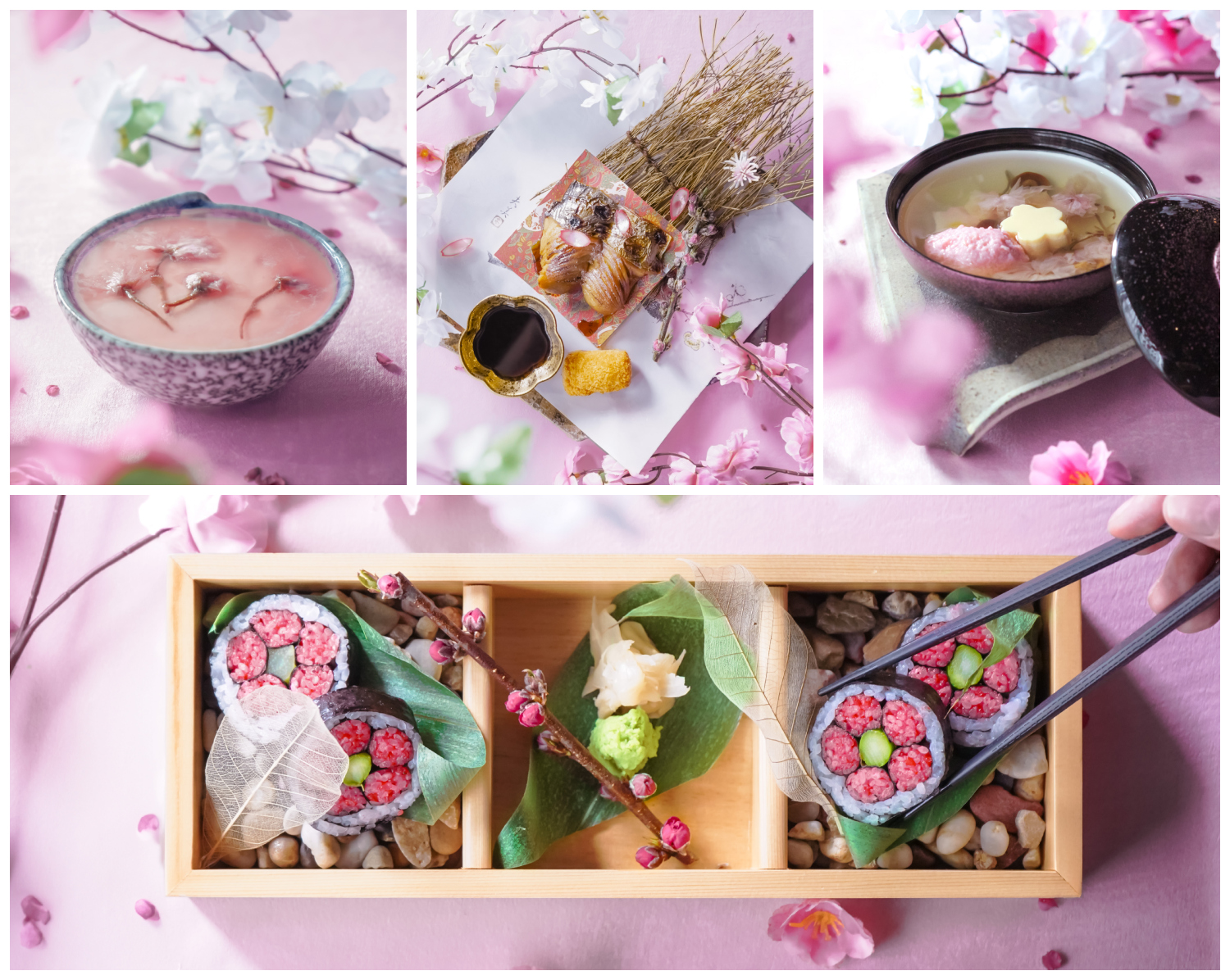 A selection of food available at the Hanami Festival, including Yaun Yaki, sakura sushi roll, sakura shrimp & egg tofu clear soup, and blanc mange sakura jelly