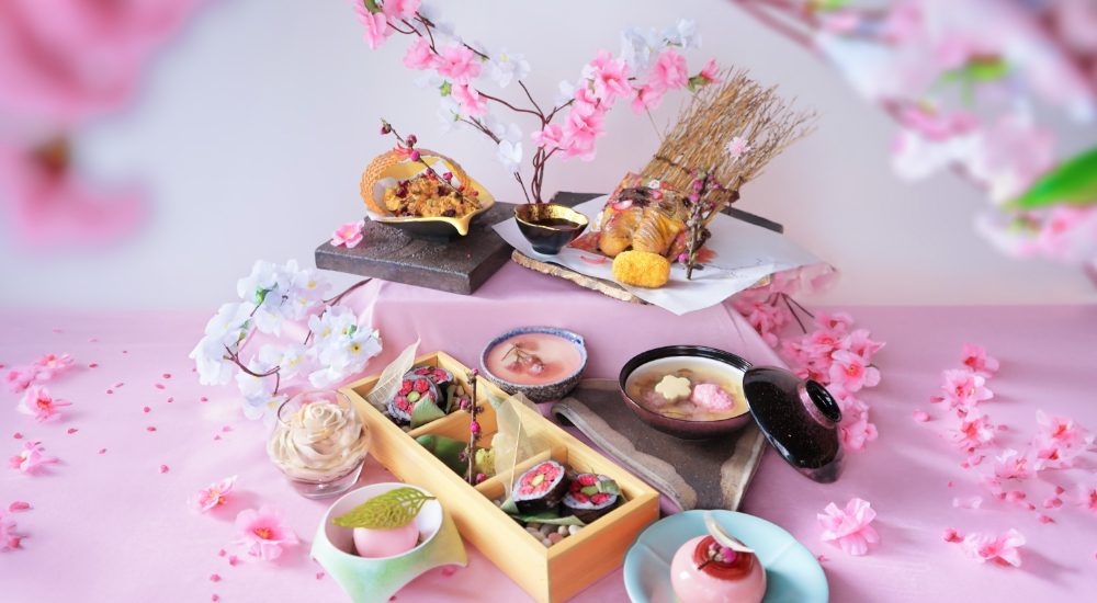 A collection of the Hanami Festival's food, Japanese cuisine food with inspirations from cherry blossoms.
