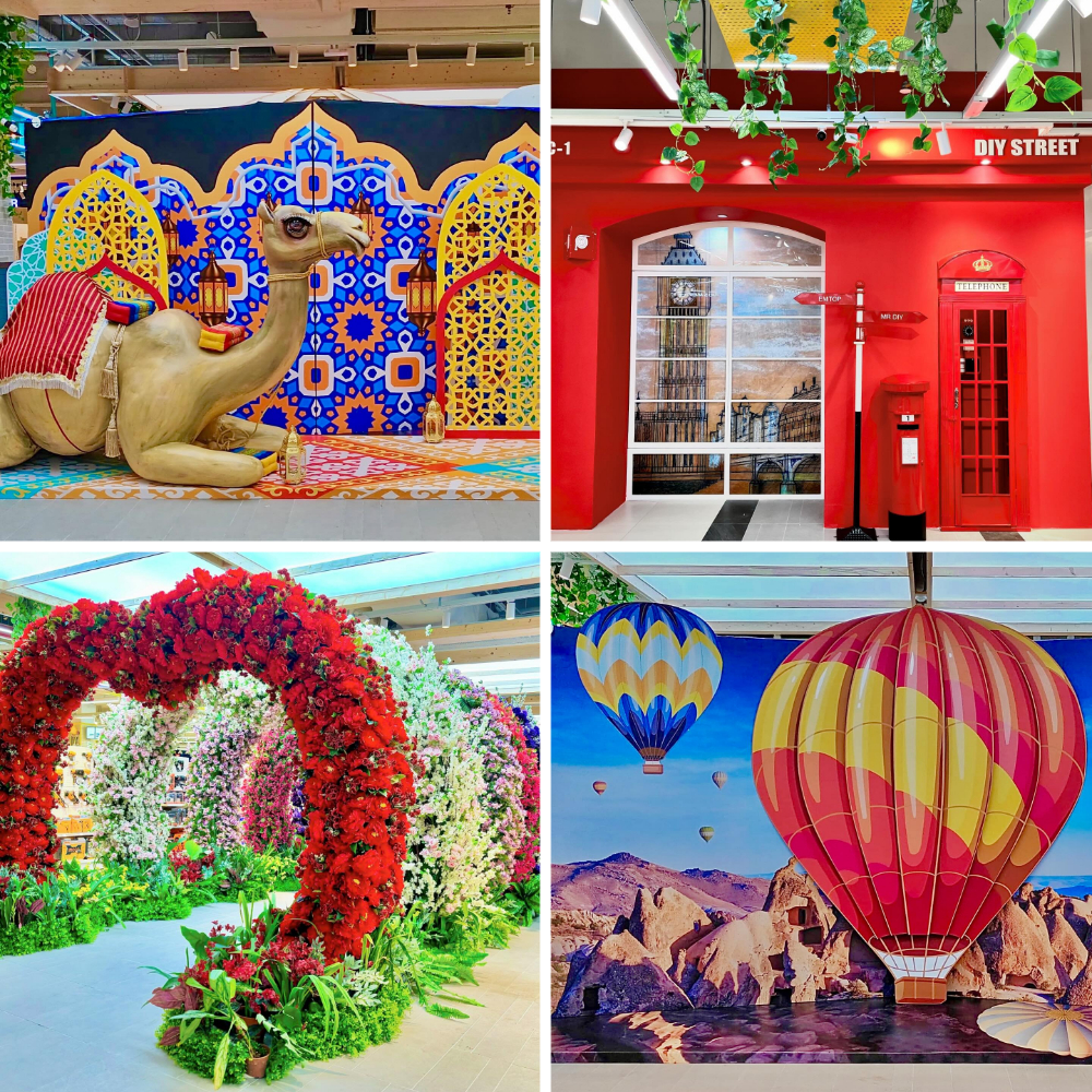 Pictures of the Instagrammable corners of MR D.I.Y PLUS at IPC Shopping Centre. There's a large flower arch, a mural of hot air balloons, a red English building with a red telephone box, and a mural of Eid decor with a kneeling camel statue in front.