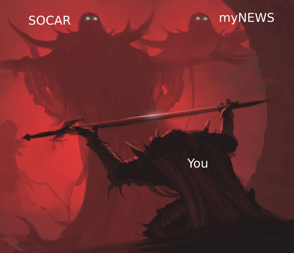 the sword meme where 2 titans, labelled SOCAR and myNEWS are handing a sword to a small, kneeling knight, labeled as You