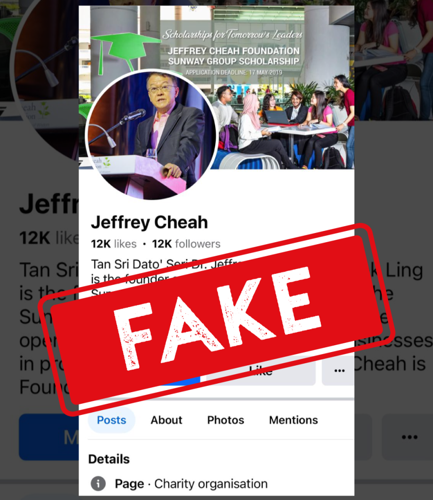 Sunway Group founder and chairman Tan Sri Sir Dr. Jeffrey Cheah fake account