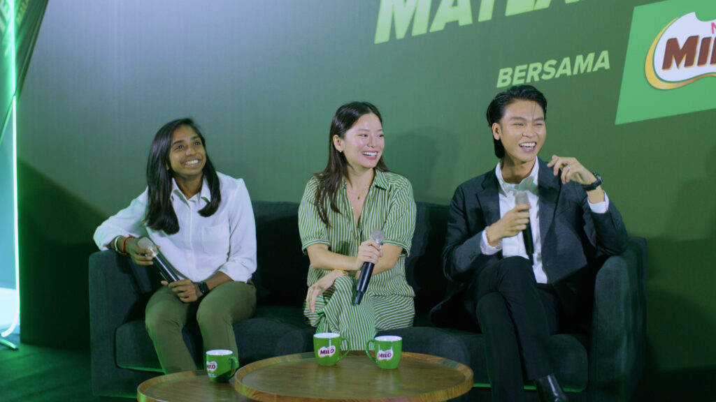 Sivasangari Subramaniam, Kim May Chee, and Nadhir Nasar speaking at  Pentas Tenaga MILO, Taylor's University